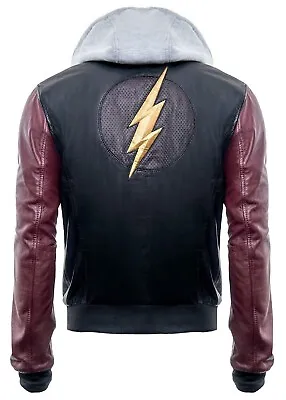 Buy Men Justice League DC Comics Superhero Flash Hoodie Black Genuine Leather Jacket • 69.43£