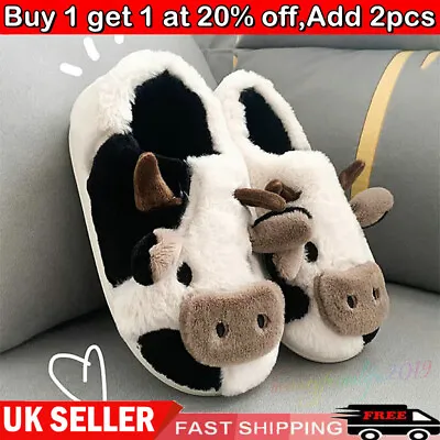 Buy Ladies Fuzzy Cow Slippers Cute Cozy Cotton Shoes Animals Shape Anti-slip Warm UK • 11.99£