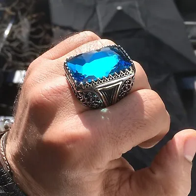 Buy Mens Signet Ring Large Big Blue Topaz Sterling Silver Turkish Artisan Jewelry • 104.46£