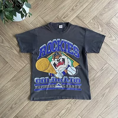 Buy Vintage Taz Warner Bros Rockies Single Stitch Graphic T Shirt 90s Size XL Black • 50£