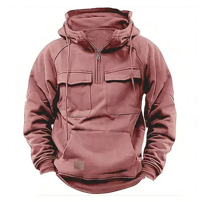 Buy Men Multi Pocket Pullover Sweatshirt Sportwear Hoodies Zipper Neck Casual ~ • 27.28£