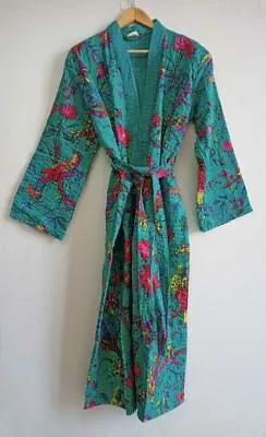 Buy Handmade Green Bird Print Kimono Winter Jacket Kantha Robe Vintage Dressing Gown • 37.52£