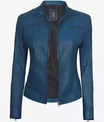 Buy New Biker Dodge Blue Cafe Racer Leather Jacket For Women • 103.25£