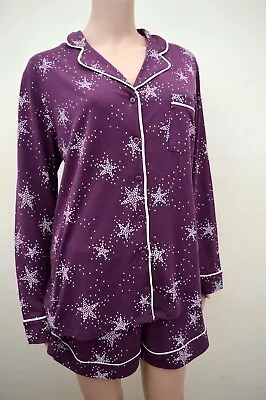 Buy New M&S Star Print Aubergine Long Sleeve Top & Shorts Cool Comfort Pyjamas S M • 16.99£