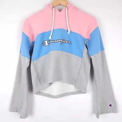 Buy Champion Reverse Weave Cropped Hoodie Women's Pink Blue Gray Sweatshirt X-Small • 11.33£