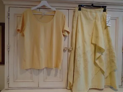 Buy NEW Vintage J. JILL Lt Yellow Linen Asymmetrical Embroidered Lined Skirt And Tee • 91.69£