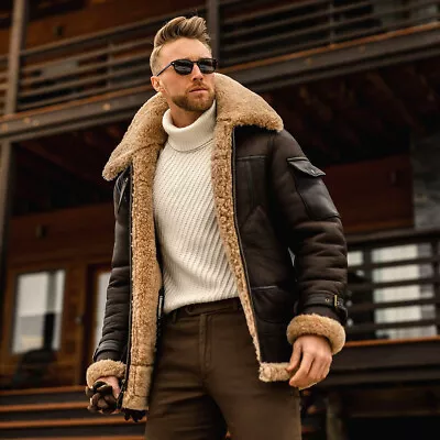 Buy Men's Jacket Leather Bomber Jacket Pilot Fur Coat Winter Warm Coat Overcoat Mens • 35.99£