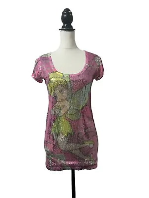 Buy Disney Tinker Bell Womens Sz S Sequined Scoop Neck T-Shirt Tee Top Short Sleeve • 14.95£