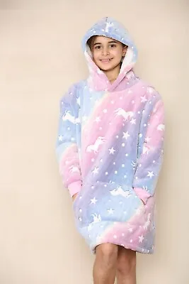 Buy Kids Unicorn Glow In Dark Hoodie Blanket Oversized Fleece Cosy Warm Winter SALE! • 14.99£
