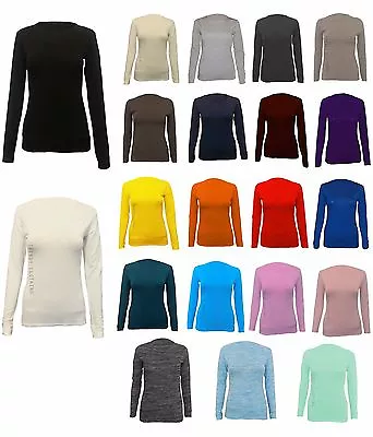 Buy Womens Long Sleeve Stretch Plain Round Scoop Neck T Shirt Top • 3.50£