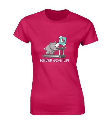 Buy Never Give Up Rhino Unicorn Ladies T Shirt Funny Cute Fashion Design Joke Cool • 7.99£