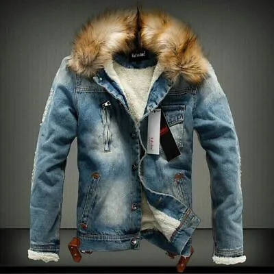 Buy Men Fur Collar Fleece Lined Denim Jacket Casual Winter Warm Biker Outwear Coat.+ • 43.52£