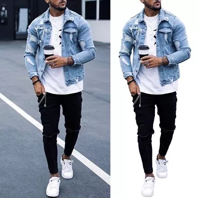 Buy Mens Denim Jacket Fashion Casual Classic Trucker Ripped Washed Jean Button Coat • 22.97£