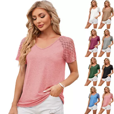 Buy Ladies Lace Summer Blouse V Neck Casual Top Pullover Loose Plain T Shirt UK Size • 9.29£
