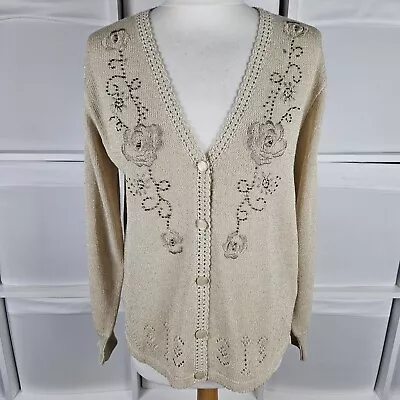 Buy Rose Pearl Gold Cardigan Size 14 16 Floral Embroidery Beads Sparkle Glitter  • 9.99£