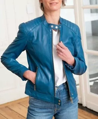 Buy Women' Leather Jacket Genuine Lambskin Real Biker Motorcycle Slim Fit Coat Blue • 127.99£