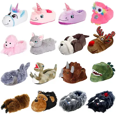 Buy Boys Girls Kids Novelty 3D Character Plush Slippers Boots Unicorn Dino Size  • 8.95£