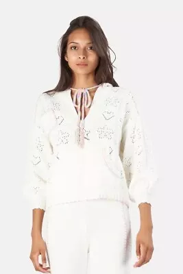Buy LOVESHACKFANCY 'Alder' XS White Knit Rainbow Drawstring 100% Cotton Hoodie • 129£