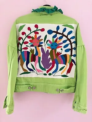 Buy Customised Upcycled Lime Green Denim Jacket With Abstract Back Patch UK 10/12  • 27.50£