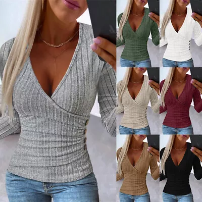 Buy Women Ribbed V Neck Wrap Tops Ladies Slim Long Sleeve Pullover Jumper T-Shirt UK • 10.49£