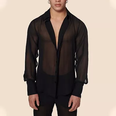 Buy Black Transparent Shirts Men's Sexy Mesh See-through Shirt With Long Sleeves • 21.41£