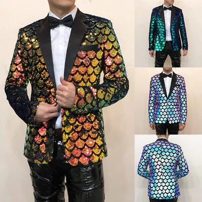 Buy Men Glitter Shiny Scale Sequin Blazer Jacket Coat Lapel Suit Fancy Dress Clothes • 75.59£