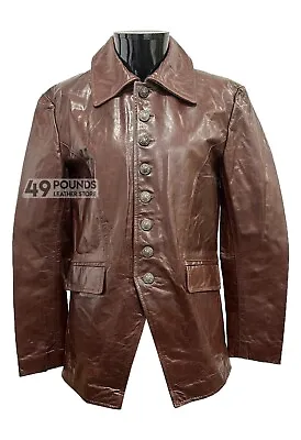 Buy Men’s Military Leather Jacket Brown Classic Collared Cow Glaze Leather P-618 • 49£