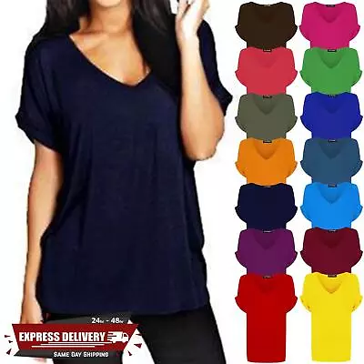 Buy Ladies Women Oversized Baggy Loose Fit Batwing Turn Up Sleeve V Neck T Shirt Top • 6.49£