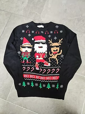 Buy Black Christmas Jumper. Santa Claus, Reindeer,  Elf. Ho Ho Ho. 9-10 Years. • 5.99£