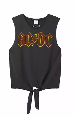 Buy Amplified AC/DC Logo Official Women's Charcoal Sleeveless Cropped Tie T-Shirt • 19.95£