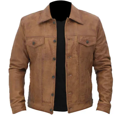 Buy Mens Cowboy Western Vintage Trucker Tan Brown Leather Jacket Uk • 92.99£