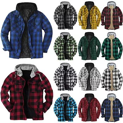Buy Men's Flannel Shirt Hoodie Jacket With Hood Long Sleeve Quilted Lined Plaid Coat • 37.19£