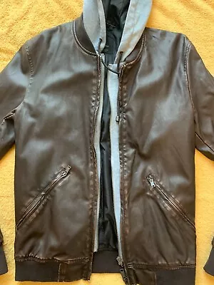 Buy Mens Faux Leather Bomber Jacket Small Medium Chest UK 38-40 Detachable Hood • 9.99£