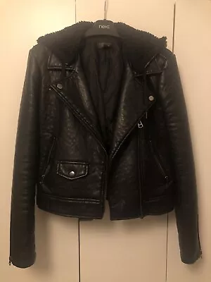 Buy Top Shop Faux Leather Black Biker Jacket Size 8 With Detachable Borg-lined Hood  • 12.99£