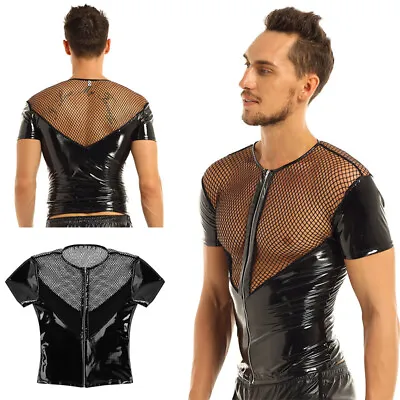 Buy Men's Shiny PVC Leather Fishnet T-Shirt Short Sleeve Zipper Front Tops Clubwear • 17.66£