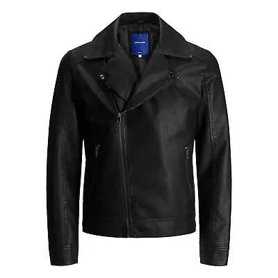 Buy Jack & Jones Mens Biker Jacket Nolan Simple Faux Leather Coat • 32.01£