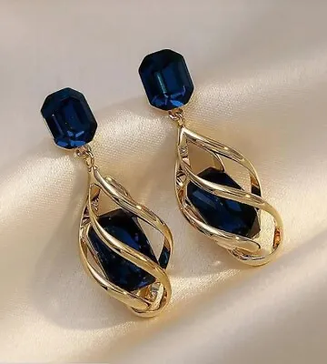 Buy Gold Metal Large Royal Blue Rhinestone Decor Drop Dangle Earrings Jewellery Gift • 4.79£