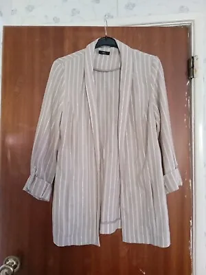 Buy M&Co Stone/White Striped Linen Blend Open Front Jacket Roll Tab Sleeve UK10  • 9.99£