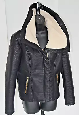 Buy FAUX LEATHER With FAUX SHEEPSKIN COLLAR GOLD ZIPS LADIES JACKET SIZE M VGC • 4.99£