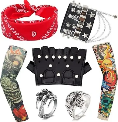 Buy 9Pcs Heavy Metal Rock Costume Set, Punk Gothic Rock Accessories With Fake Tattoo • 12.20£