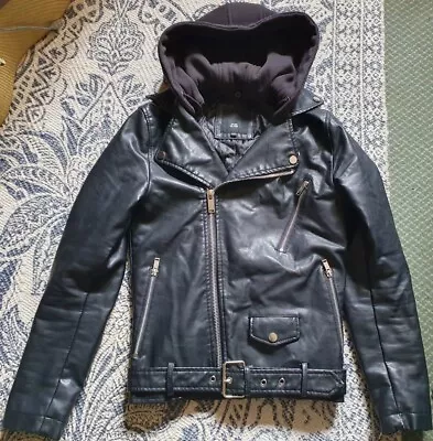 Buy River Island Mens Removable Hooded Black Faux Leather Motorcycle Jacket Size XXS • 19.99£