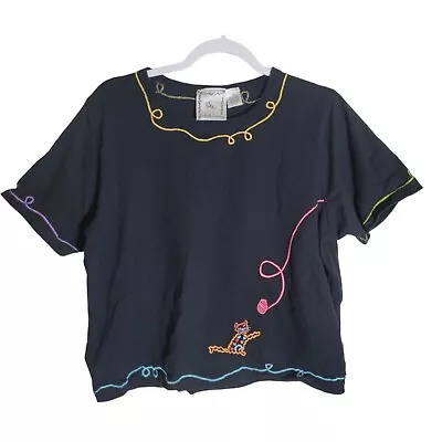 Buy Michael Simon Lite Cotton Embroidered Cat Shirt Size XL Art To Wear Black Crop • 28.30£