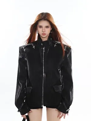 Buy Lady Autumn Fashion Lapel Long Sleeve Loose Metal Decor Faux Leather Jackets • 19.88£