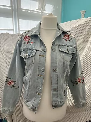 Buy Women's Oversized Faded Blue Denim Jacket Embroidered Flowers Studs Size 8 • 19.99£