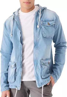 Buy Mens Denim Jacket Loose Fit Hooded Cotton Trucker Jacket Vintage Classic Size • 29.99£
