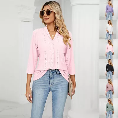Buy UK Ladies Summer Blouse 3/4 Sleeve V Neck Tops T-shirt Hollow Swing Casual Tee • 10.89£
