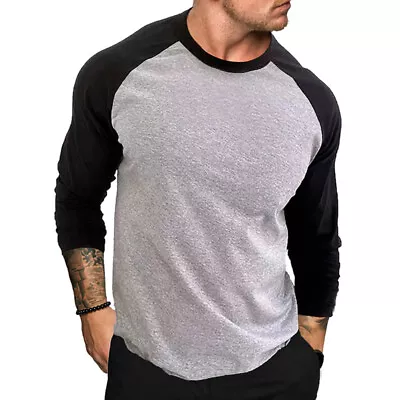 Buy Men Tops Crew Neck T Shirts Fashion Long Sleeve Sports Muscle Casual Basic Tee • 11.49£