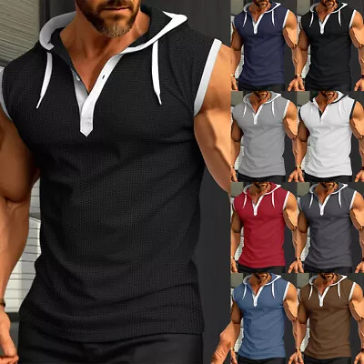 Buy Mens Waffle Hooded Tank Tops Vest Sleeveless Fitness Workout Sports Gym T Shirt • 3.49£