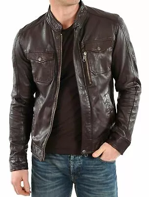 Buy Latest Men's Genuine Lambskin Leather Jacket Motorcycle Stylish Biker Brown Coat • 112.58£