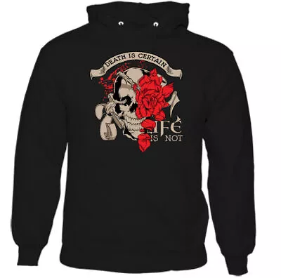Buy Death Is Certain Mens Gothic Skull Hoodie Tattoo Rose Grim Reaper Biker Top • 24.49£